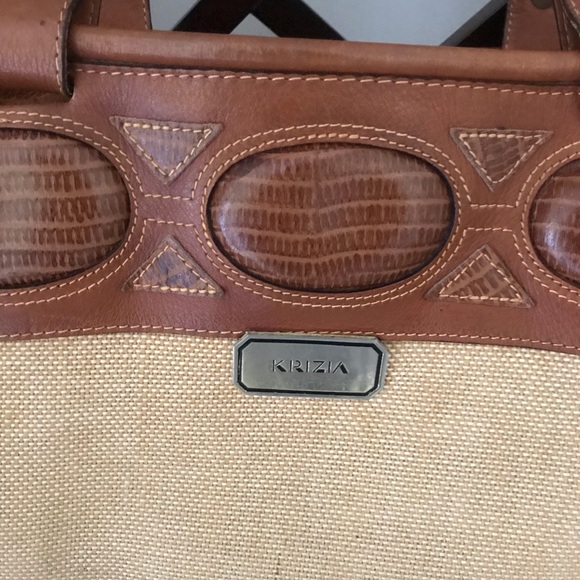 KRIZIA tan leather and beige canvas large bag - Picture 2 of 8